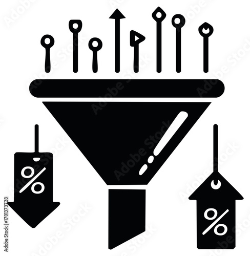 Data funnel filtering process showing percentage drop in prices or conversion rate on isolated black and white design