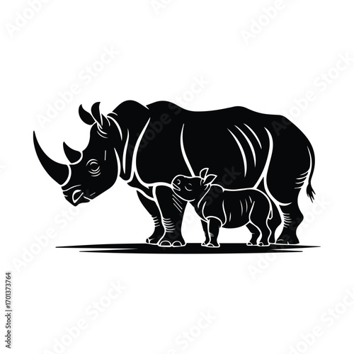 Rhino Family Graphic Illustration Strength and Protection Concept Art in Black and White