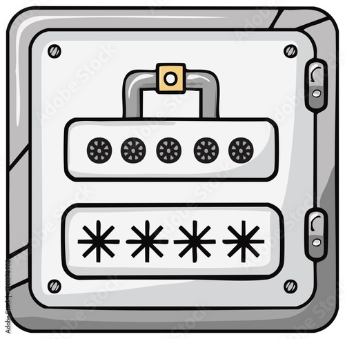 Cartoon Metal Safe with Combination Lock Wheels and Asterisk Password Entry Digital Security