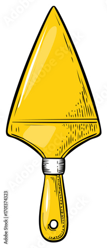 Hand drawn cartoon illustration of a yellow construction trowel tool for masonry or plastering work