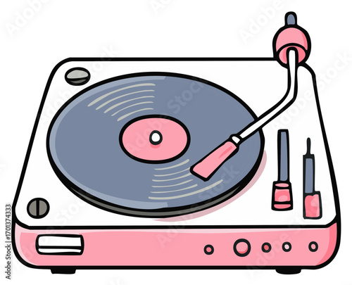 Vintage pink record player turntable with vinyl disc cartoon illustration