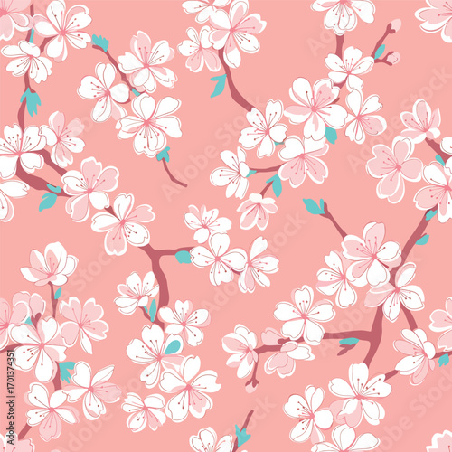 Seamless pattern of cherry blossoms with branches on a peach background design, patern seamless, royalty stock.