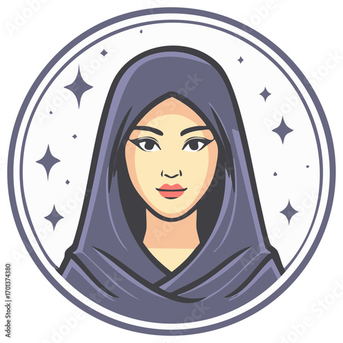 Modern illustration of a young woman wearing a stylish hijab with a sparkling circular frame