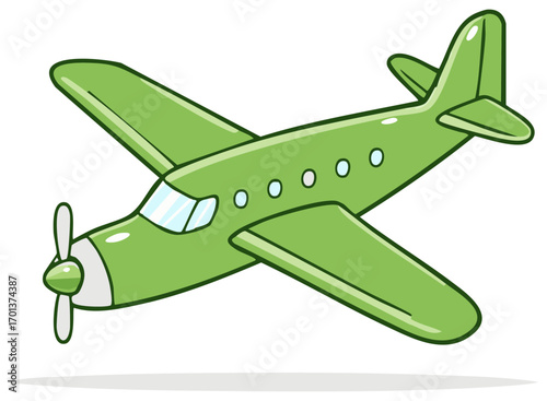 Green Cartoon Propeller Airplane Flying Side View Isolated