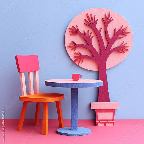 Chair - An orange seat at a turquoise outdoor café table