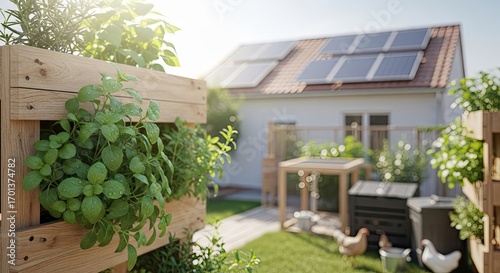 Modern house with solar panels on the roof, featuring a lush backyard garden with chickens and a compost bin, promoting sustainable living.