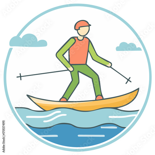 Dynamic water skier glides on blue waves holding ski poles in a vibrant minimalist summer sport illustration