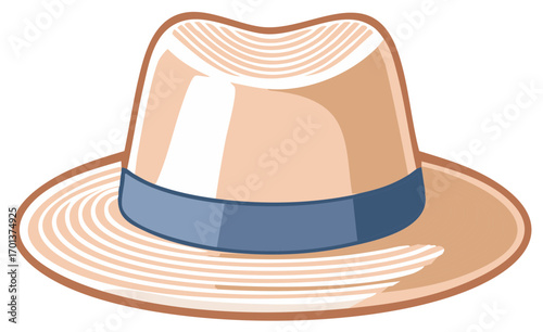 Stylish fedora hat with wide brim, light beige and blue color tones, fashion accessory