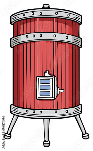 Cartoon illustration of a red wooden wine barrel on legs with detailed parts