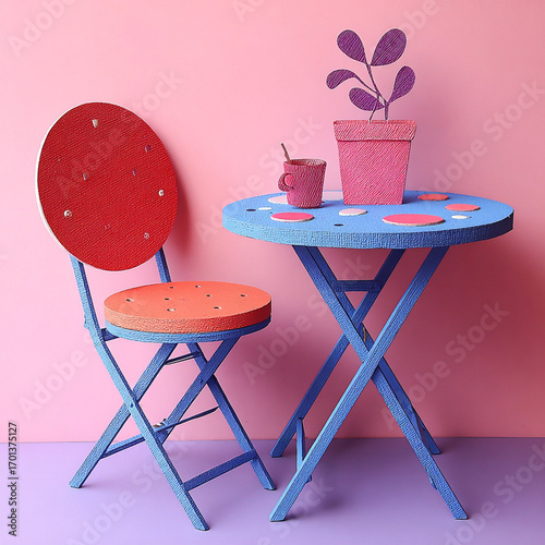 Chair - An orange seat at a turquoise outdoor café table