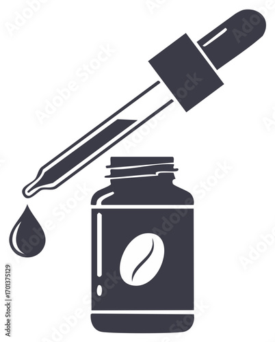 Coffee extract or essential oil in a dropper bottle with a bean logo vector icon