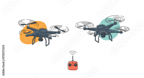 Two drones flying with a remote control in the center illustration of aerial vehicle technology and modern aviation