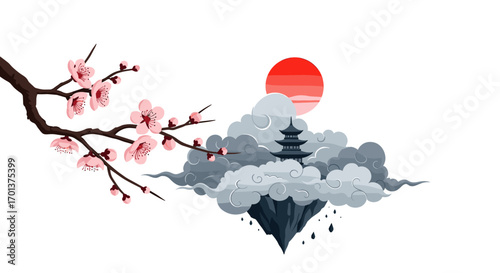 Tranquil japanese cherry blossoms over floating island temple under a red sun