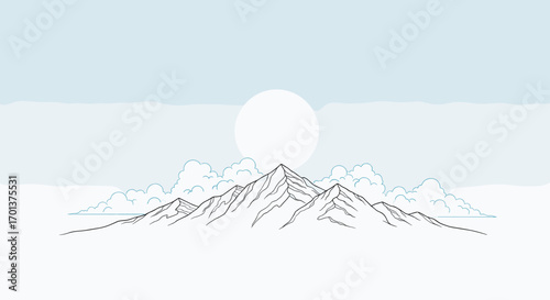 Serene sunrise over majestic snow capped mountain peaks with wispy clouds floating in a light blue sky