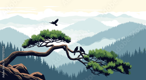 Serene misty mountain landscape with a lone tree and two birds perched on a branch