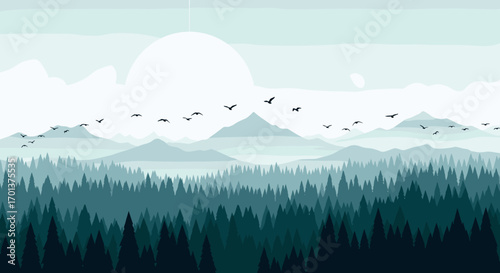 Serene mountain landscape with flying birds and vast evergreen forest under a large sun