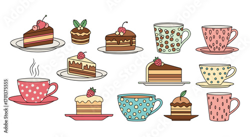 A delightful collection of sweet cakes and steaming hot cups of coffee and tea perfect for a cozy afternoon break