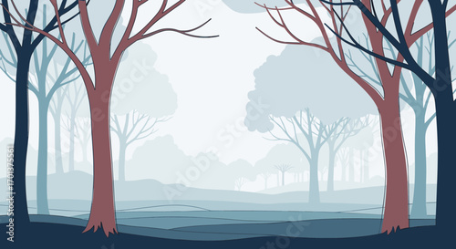 Serene misty forest landscape with bare trees and soft hues in an atmospheric scene