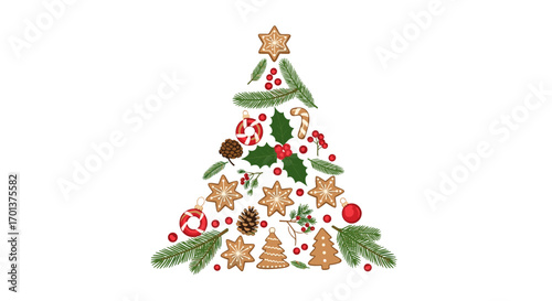Festive christmas tree made from delicious gingerbread cookies pine sprigs and holly berries for seasonal celebrations