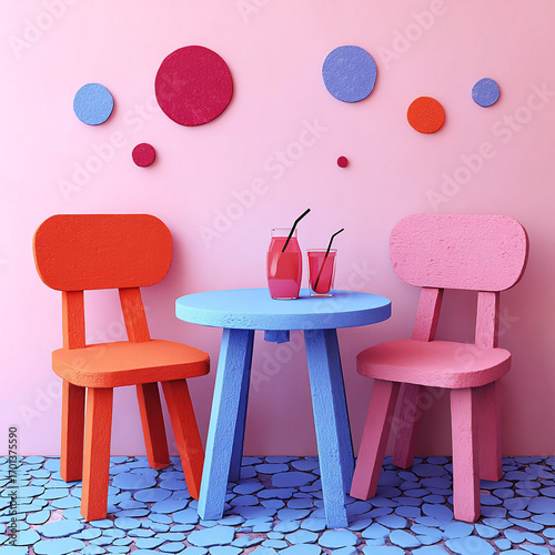 Chair - An orange seat at a turquoise outdoor café table