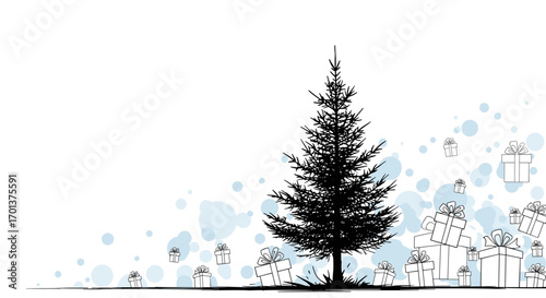 A silhouette of a pine tree with many gift boxes falling around it in a snowfall