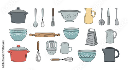 Collection of assorted kitchen utensils and cookware for culinary preparation tasks