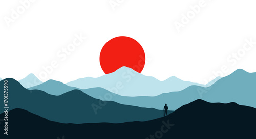 Serene sunrise over layered misty mountains with a lone figure watching the horizon