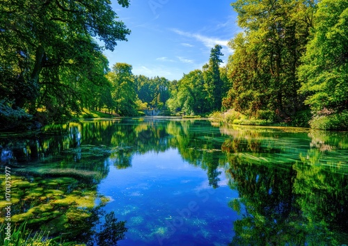 Serene park lake, vibrant trees, calm reflection
