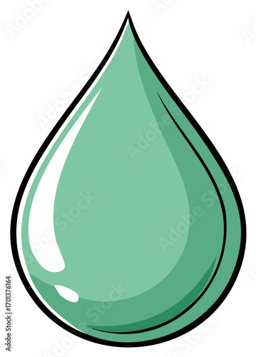 Cartoon green water drop with black outline, isolated, concept of freshness.