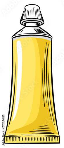 Yellow squeeze tube with metal cap, isolated cartoon illustration