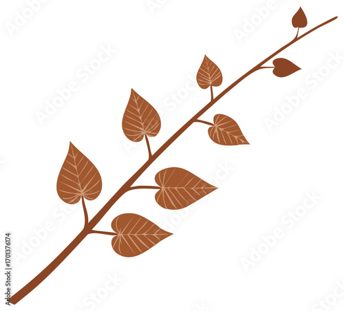 Stylized branch with heart-shaped leaves. Simple brown botanical illustration of organic plant element for natural designs.