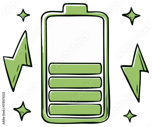 Hand drawn green battery icon showing full charge level with lightning bolts and sparkles