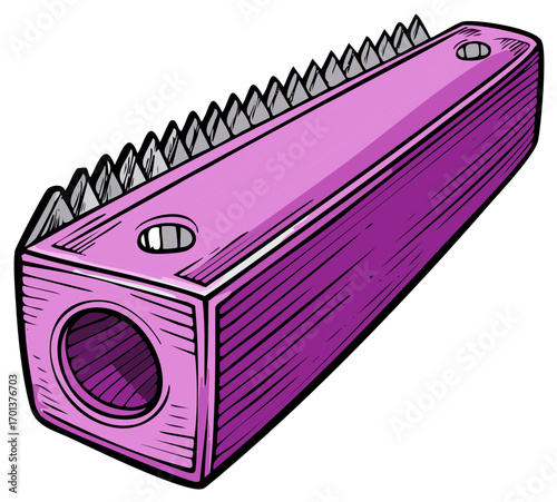 Illustration of a purple pencil sharpener with serrated edges