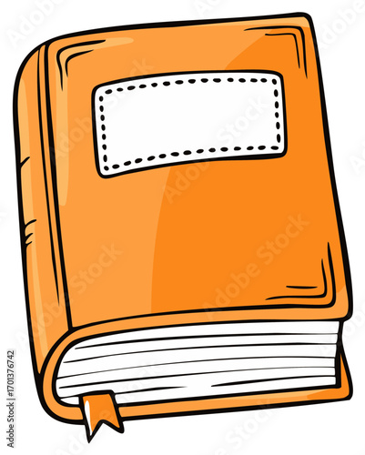 Hand Drawn Orange Book with Blank Label and Bookmark