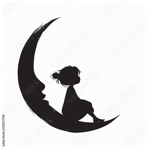 Little Girl Sitting on Crescent Moon with Face Vector Illustration on white background