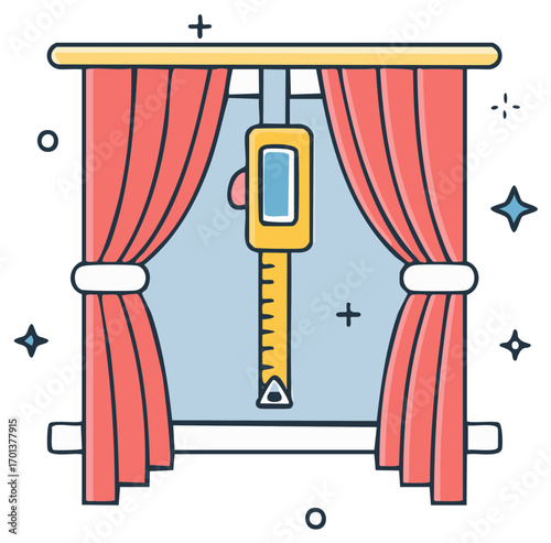 Measuring tape behind red curtains with window frame icon style illustration