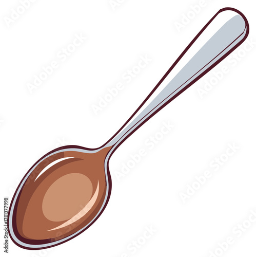 Single illustration of a silver spoon full of delicious creamy chocolate pudding or sauce