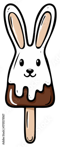 Cute bunny shaped ice cream pop with chocolate drizzle and ears