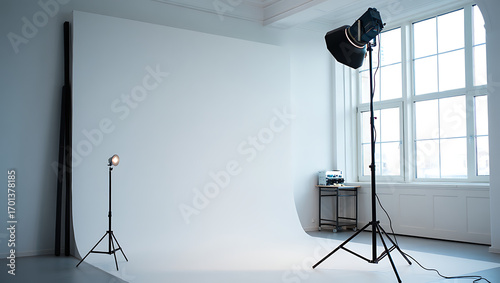 A bright professional photography studio setup with a seamless white backdrop and a large window providing natural light ideal for creative shoots