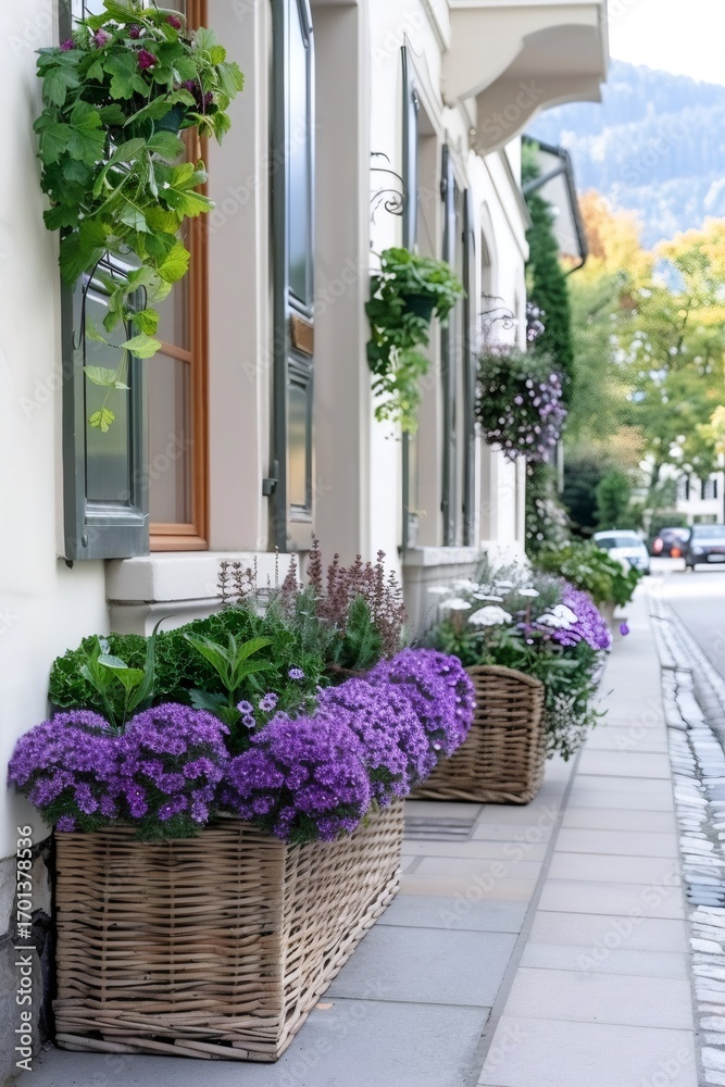 Fototapeta premium Purple flowers decorating a building facade with hanging baskets