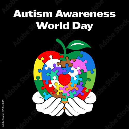 Autism World Day. Hands holding apple concentric jigsaw puzzle with red heart inside. Vector isolated on black background.	
