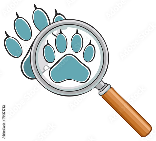 Magnifying glass examining a blue animal paw print with claws