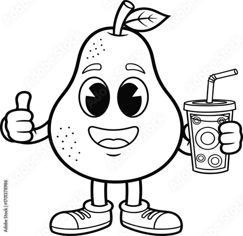 Cartoon pear character, thumbs up fruit, juice cup, healthy eating, fun mascot, smiling face, sneakers, leaf stem, vector, cute
