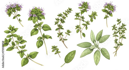 Botanical illustration of various culinary herbs including thyme oregano and sage
