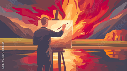 Artist painting fiery sunset landscape