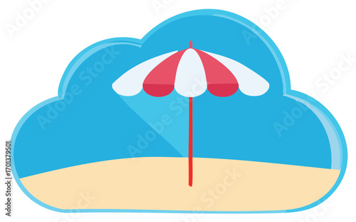 Beach umbrella on sandy shore within a blue cloud outline