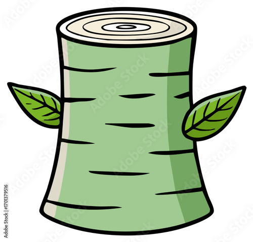 Cartoon Illustration of a Green Tree Stump with Two Leaves