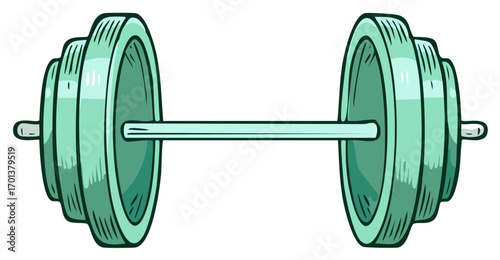 Cartoon barbell with teal plates for weightlifting and fitness