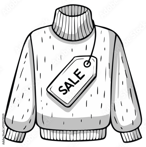 Illustrated cozy turtleneck sweater with a prominent 'SALE' tag, ideal for fashion discounts and winter promotions