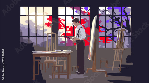 Artist working in studio during day